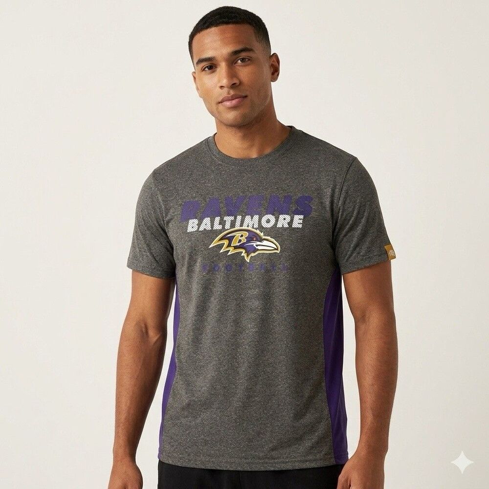 NFL Team Apparel Baltimore Ravens Performance T-Shirt Grey Purple Mesh XL EUC